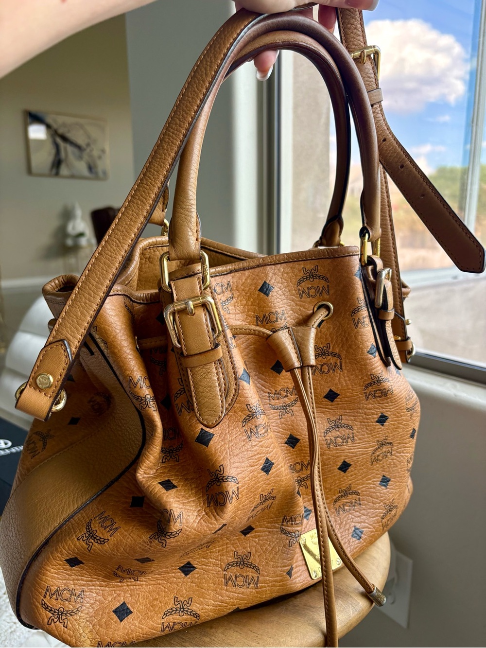 Gorgeous MCM Cognac Visetos Drawstring Shoulder Leather Bag with Gold Hardware - Picture 13 of 13